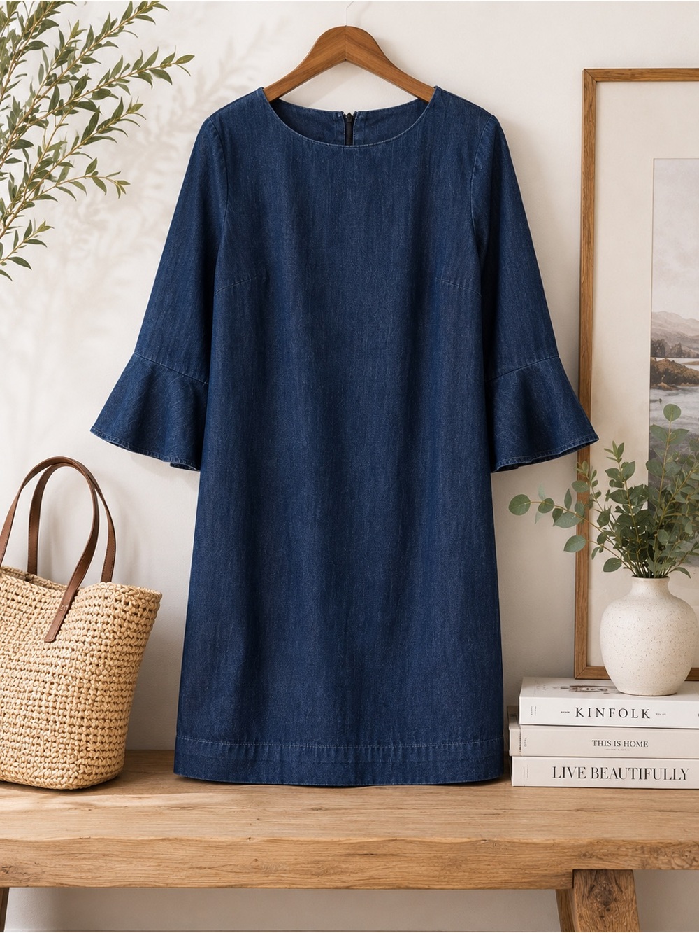 Talbots 100% Cotton Indigo Chambray Shift Dress Bell Sleeve 3/4 Sleeve